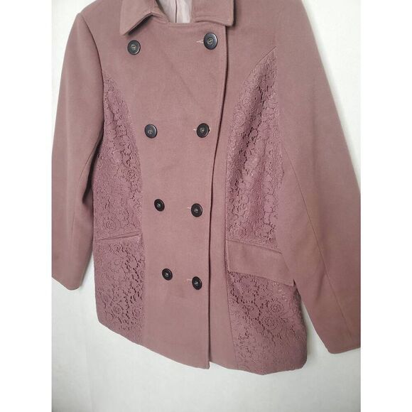 Simply Noelle Double Breasted Soft Cocoa Mauve Lace Embellished Peacoat - Picture 4 of 12